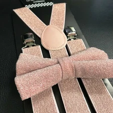 Glitter Blush Pink Wedding Suspender and Bow Tie Set for Adults Men Women (USA)
