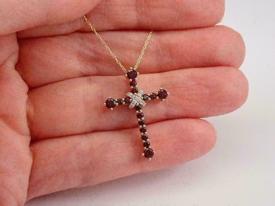 Round Cut Simulated Red Garnet 925 Silver Cross Pendant 14k Yellow Gold Plated