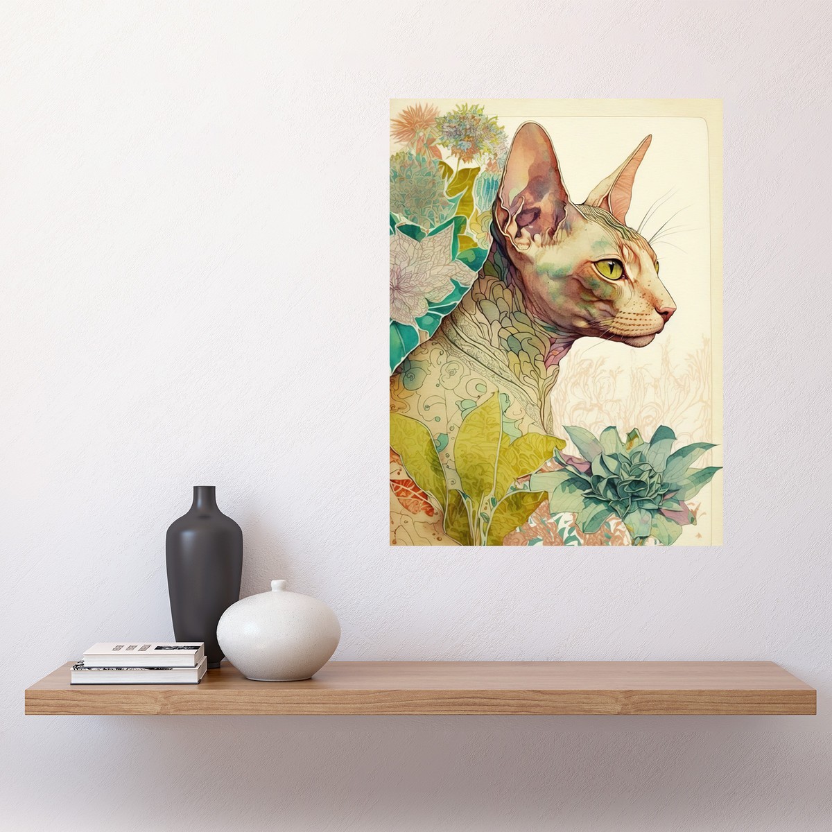 Artery8 Sphynx Cat with Floral Tattoo in Flower Blooms Colourful Modern Watercolour Illustration Artwork Framed Wall Art Print A4