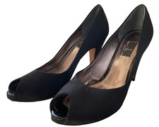 Black Satin Pumps Leather Upper Sole Peep Toe Women's 7.5 Classic Glint