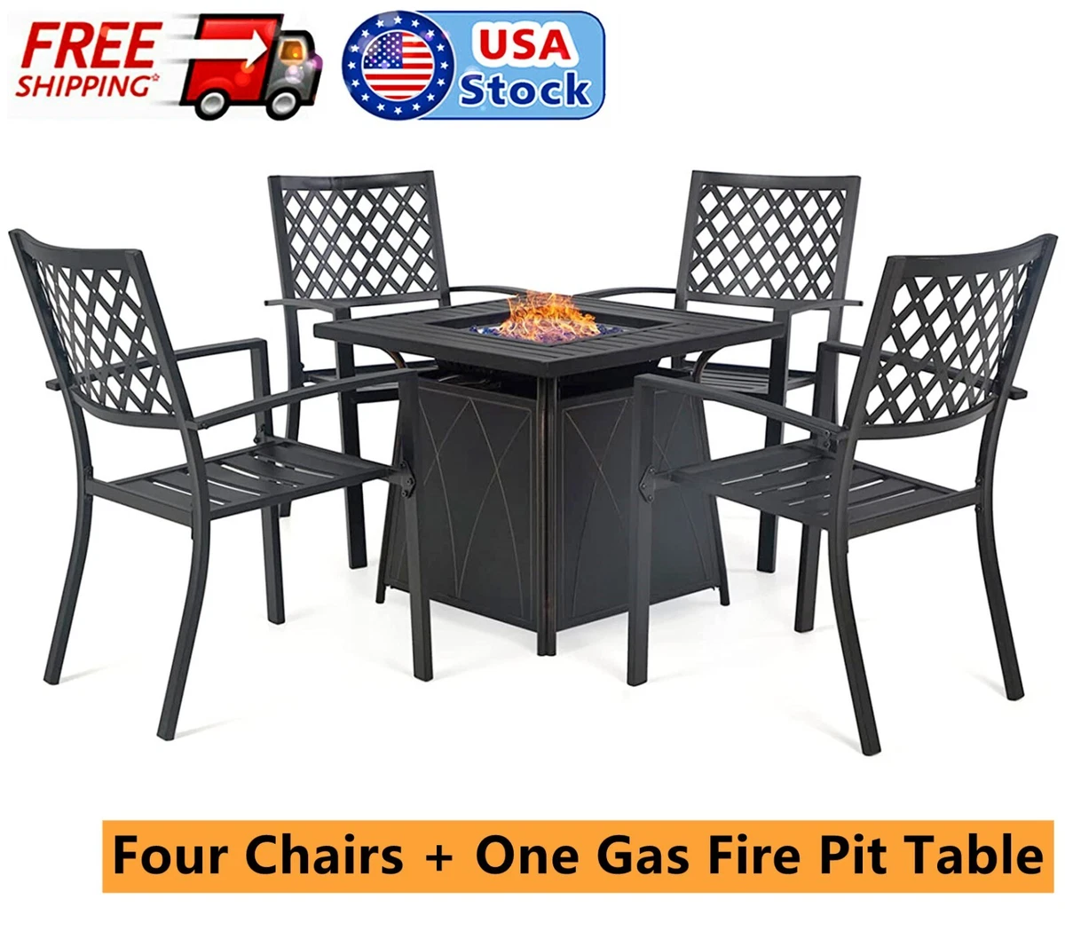 5 Piece Patio Furniture Set w Gas Fire Pit Table Outdoor Stackable Dining Chair