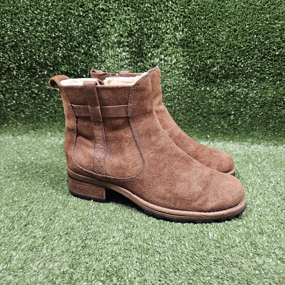 UGG Mercer Brown Leather Sheepskin Lined Zip Ankle Pull On Boots Womens 7