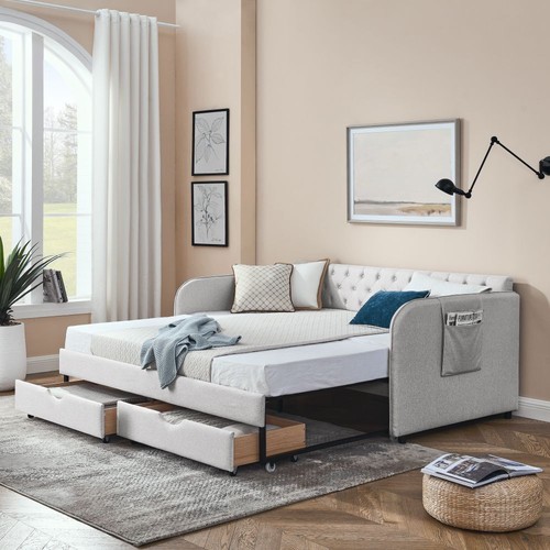 Twin Size Daybed with Extendable Trundle & 2 Storage Drawers ,Flat Arms ,Pocket - Picture 22 of 25
