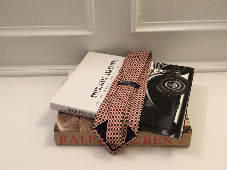 Polo Ralph Lauren 领带棕色带奶油色粉色几何方形 100% 真丝手工制作 — 第 2/4 张图片