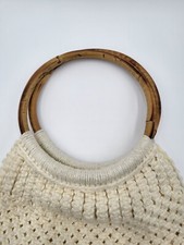 Vintage Creamy White Fringed Bamboo Handled Crocheted Handbag Lined Handmade