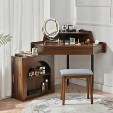 Corner Vanity Desk w Adjustable Mirror LED Mirror & Stool, Makeup Table w Storag