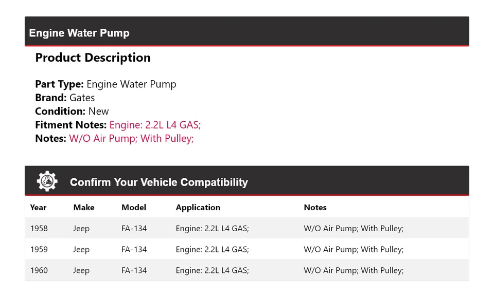 Para 1958-1960 Jeep FA-134 2.2L L4 motor gasolina bomba de água portões 1959 - Imagem 2 de 4