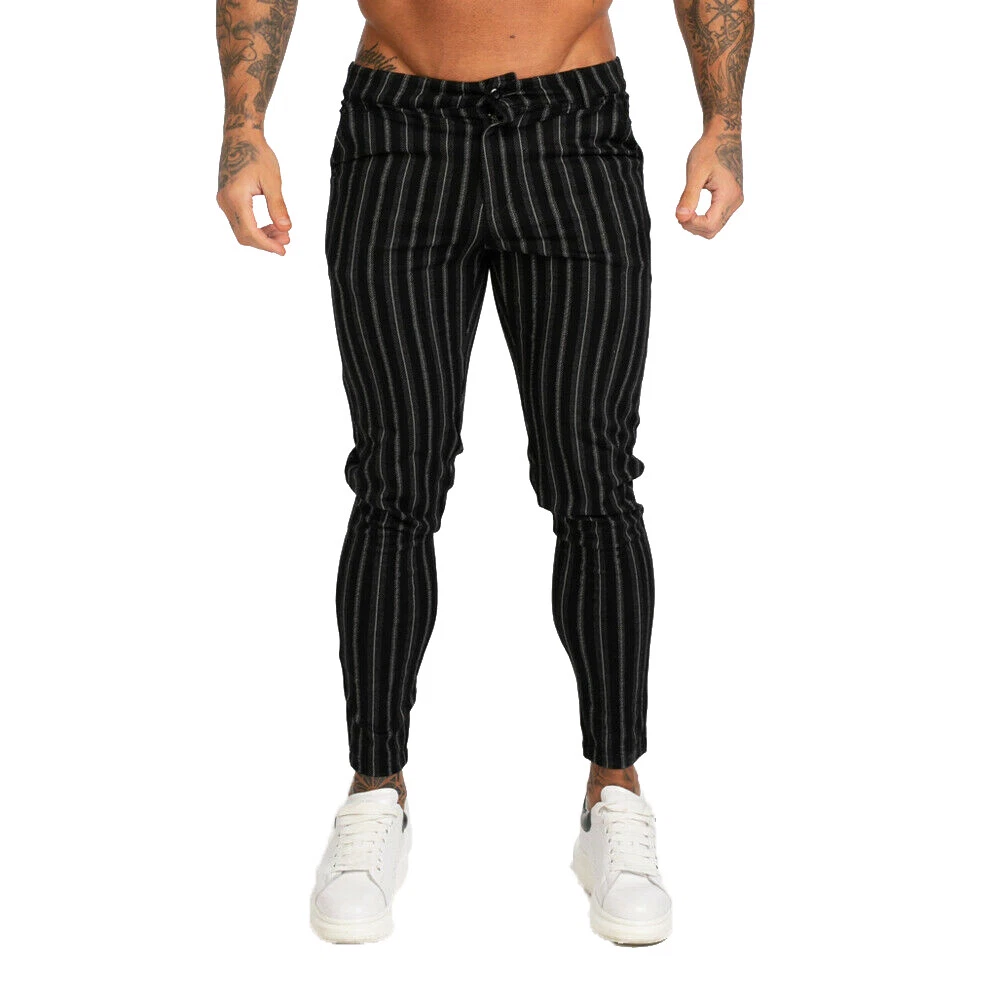 GINGTTO Mens Chinos Black Vertical Striped Trousers Slim Fit