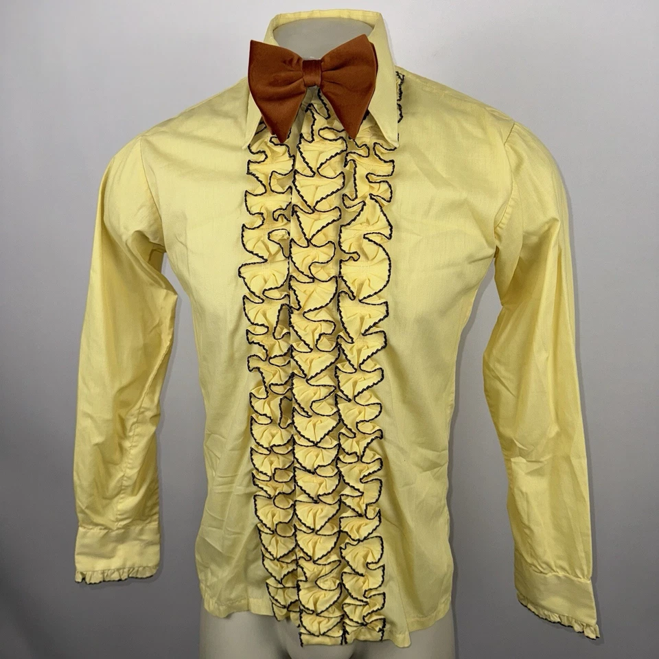 Vintage 60s 70s Tuxedo Shirt Yellow Ruffles Tux Retro Prom Disco Mens Small 33" - Image 4 of 4