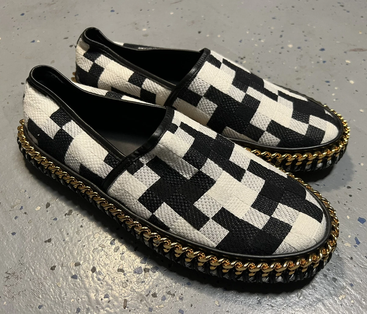 MEN S VERSACE ESPADRILLES 9.5 42.5 Black And White Pattern Gold Chain Detail