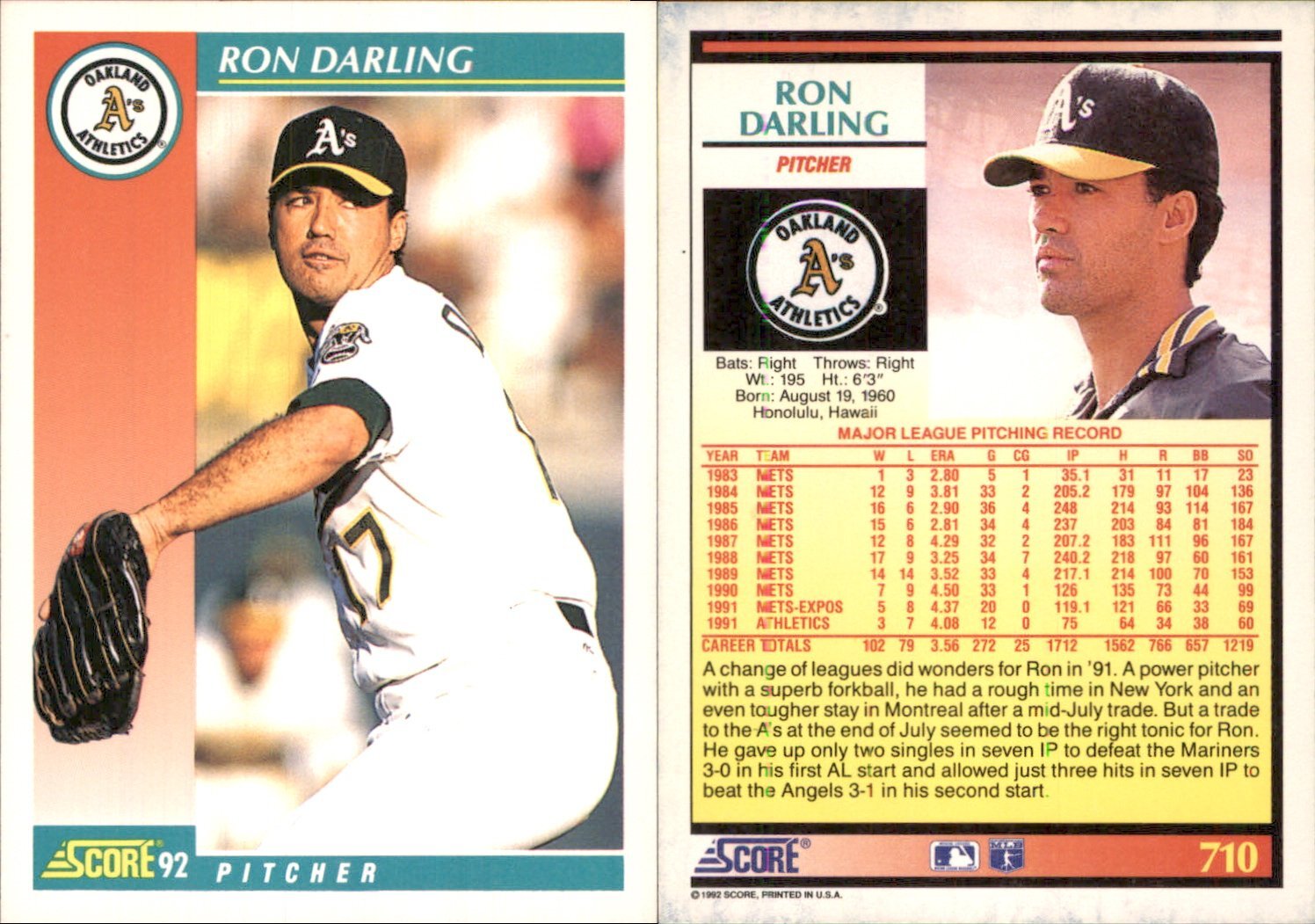 Ron Darling 1992 Score #710 Card Oakland Athletics FREE SHIP *AutographDen*