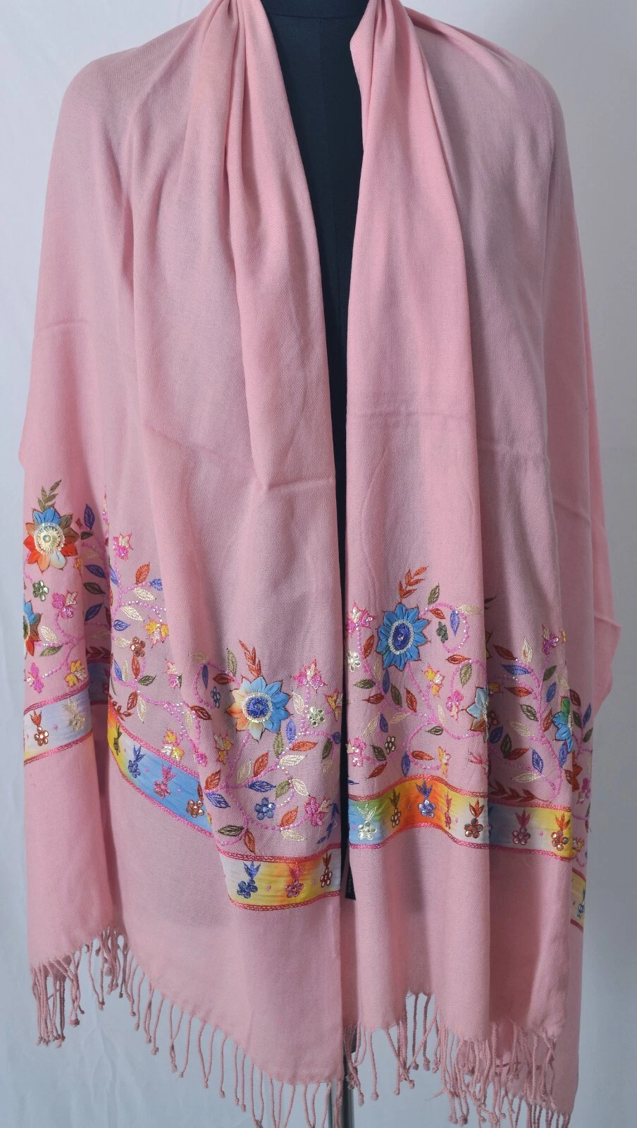 Light Pink Hand-Beaded Scarf Sequins Mirrors Embroidered 100% Cashmere Pashmina