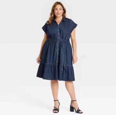 Women's Short Sleeve Denim Tiered Midi A-Line Dress Ava & Viv Dark Wash Size 1X
