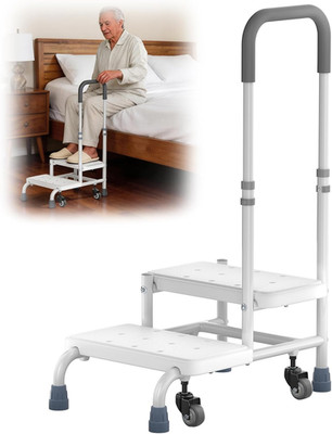 Step Stool with Handle for Elderly, 2 Steps Stool with Wheel, Non Slip Platform