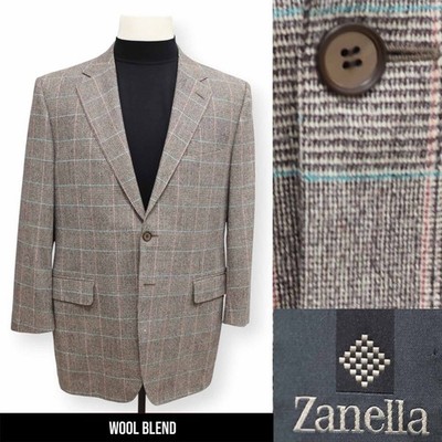 VINTAGE ZANELLA mens brown WINDOWPANE wool sport coat suit jacket blazer 44 46 R