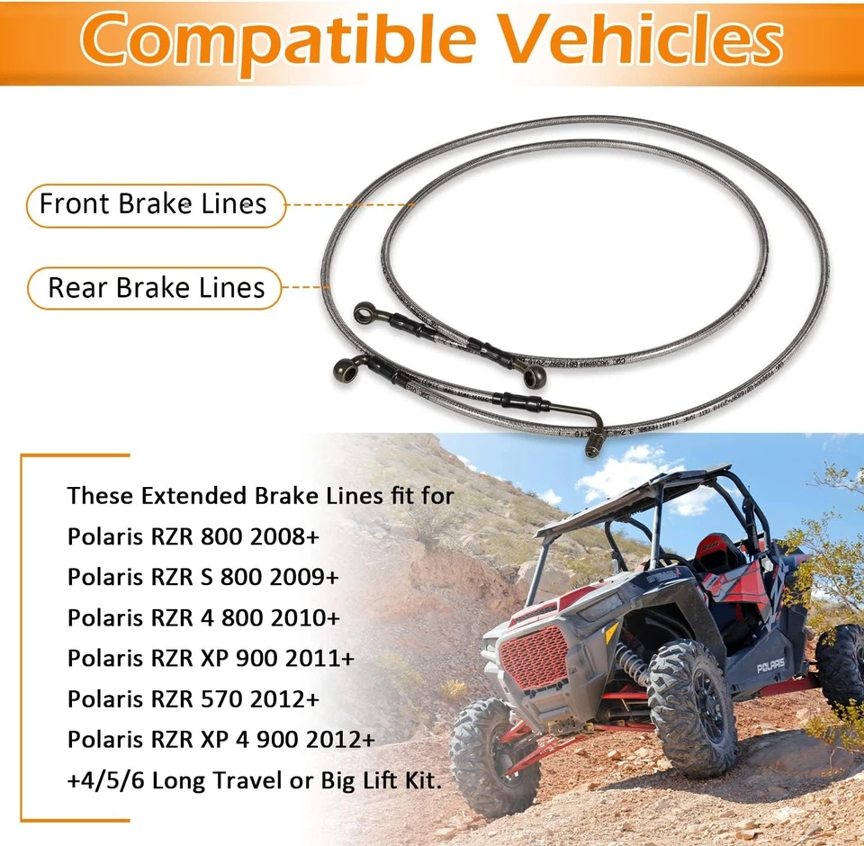 1068 Extended Front/Rear Brake Lines for Polaris RZR 800/S 800/4 800/XP 900/570 - Image 2 of 4