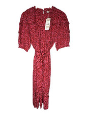 Boden Summer Midi Dress Puffy Half Sleeve Pink Red Belted UK16