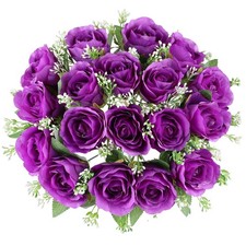 CUQRY Grave Flowers for Cemetery 18 Purple Silk Memorial Artificial Rose Flower