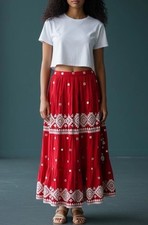 Vtg Red Embroidered Lehenga Mirror Work Indian Maxi Skirt Sz M Cotton Boho