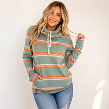 Ampersand Avenue Women s M Striped Cowl Neck Hoodie Pockets Drawstring Green