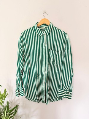 Hush Shirt Womens 14 Green White Vertical Stripe Button Up Blouse Long Sleeve