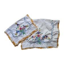 Handkerchief And Napkin Hand Embroidered Set With Crochet Border Floral VTG