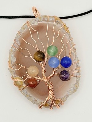 7 Chakra Tree Of Life Agate Copper Pendant Natural Gemstone Crystal Satin Cord