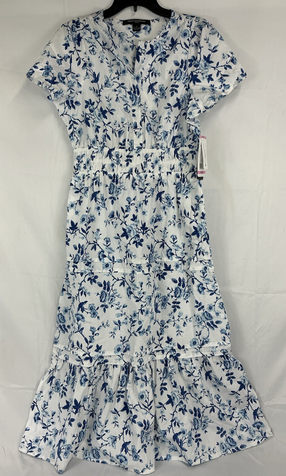 French Connection Small Floral Short Sleeve Maxi Dress Summer White 100% Cotton