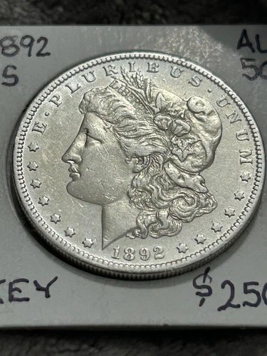 KEY 1892-S MORGAN SILVER DOLLAR. AU+, nice mint luster.
