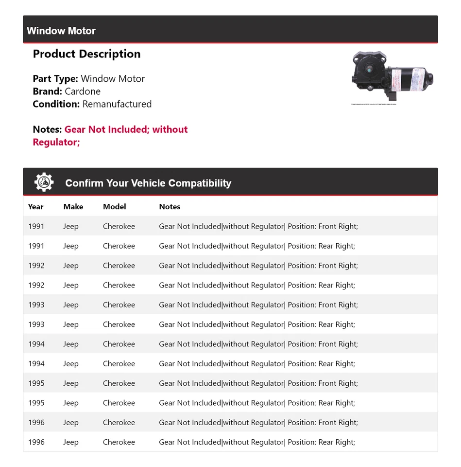Para 1991-1996 Jeep Cherokee Window Motor Cardone 1992 1993 1994 1995 - Imagem 2 de 4