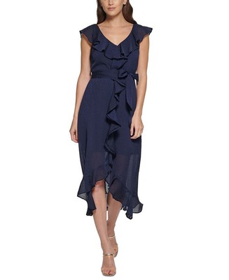 DKNY Women's Ruffled Midi Dress Blue Size 12
