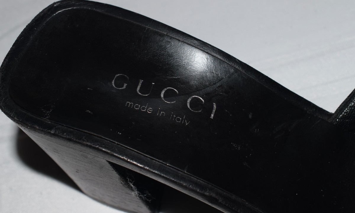 Gucci GG Black Monogram 9B Logo Fabric Mules Open Toe Heels