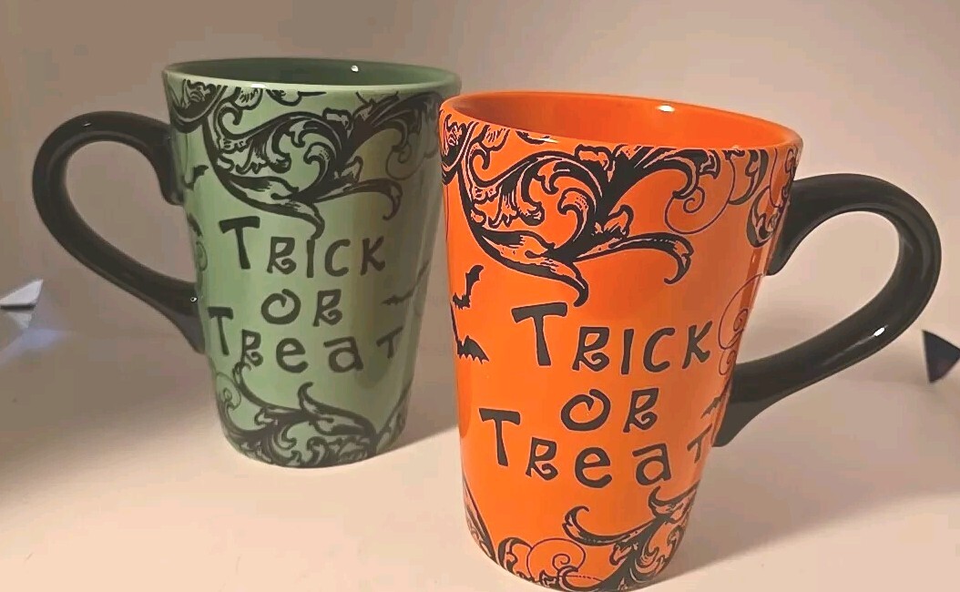 Halloween Trick Or Treat Coffee Mugs Green, Orange Duo Hobby Lobby