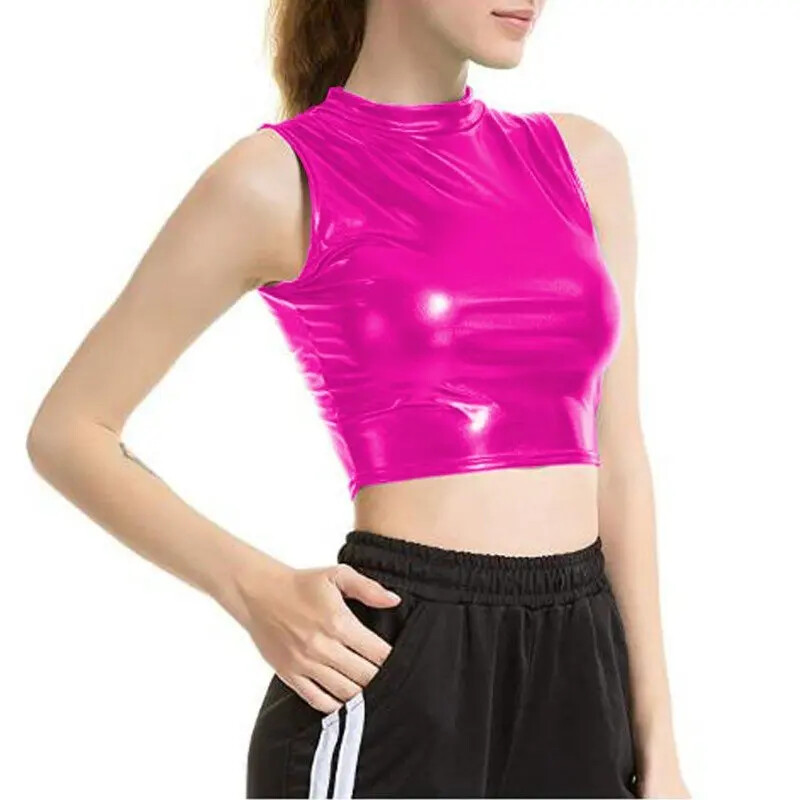 ALTRA Canotta donna sexy crop top smanicato high street spandex lucido metallizzato