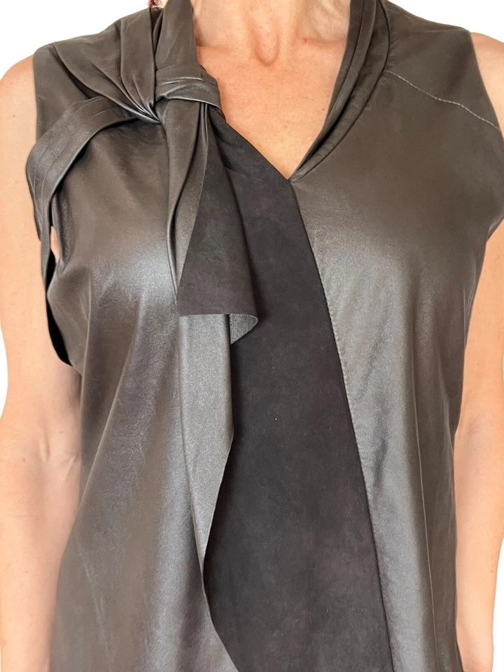 Elie Tahari CHAPLIN 100% кожи без рукавов драпированный V шеи коричневый Майка $498 M - Изображение 4 из 4