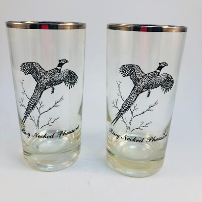 Federal Glass Tumblers (2) Sportman Ring Neck Pheasant bird in flight platinum