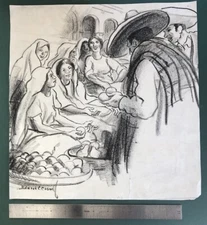 Early 1900’s EDWARD CASWELL  Illustration Drawing of People in Market   Listed