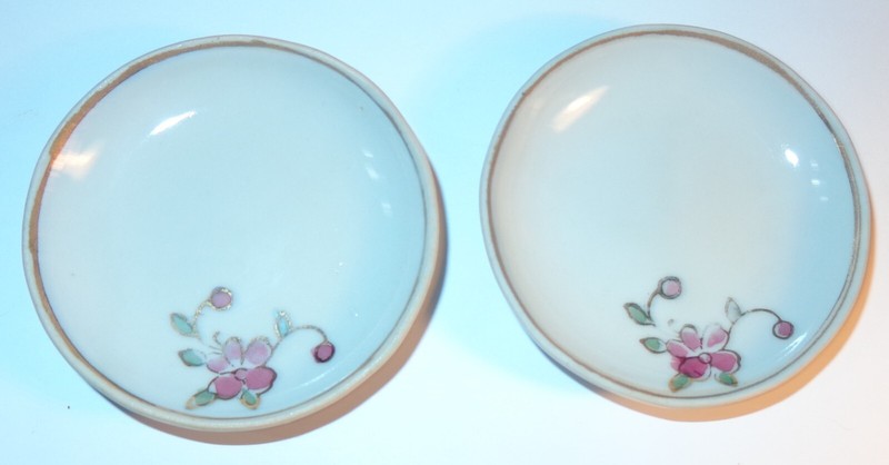 2 VINTAGE Japan PORCELAIN Toy Tea Set Plates 3" WIDE PINK FLOWERS STRIPED RIM