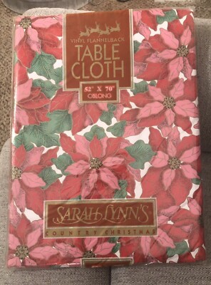 Sarah Lynn's Country Xmas Vinyl Flannel Back Tablecloth Oblong 52x70 Poinsettia