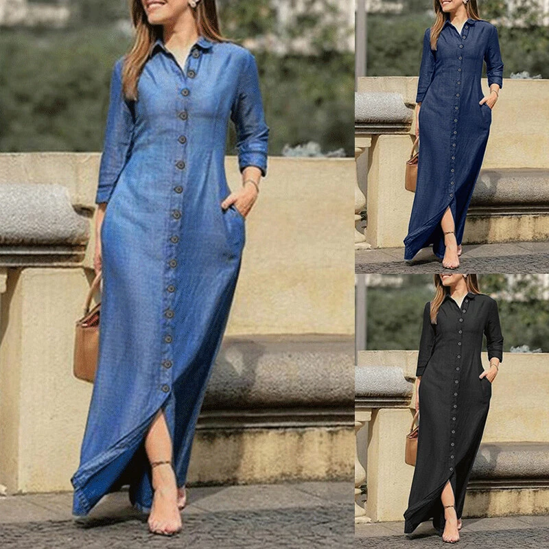 Women Long Sleeve Button Down Shirt Dress Ladies Work Tunic Maxi Dress Plus  Size