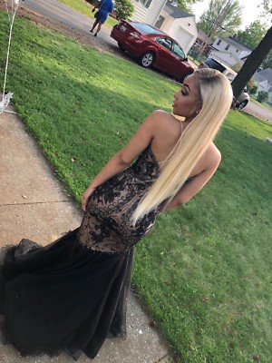 open lace back dress Black V Neck Lace Tulle Long Prom Dress, Black Evening Dress – shopluu main image 1