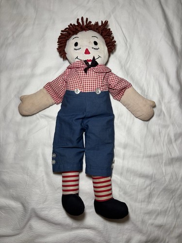 VTG Handmade Raggedy Andy Cloth Rag Doll Red Yarn Hair Blue Overalls Plush  Toy