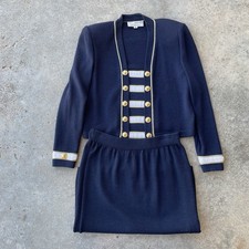 st john collection knit jacket skirt suit size 6 USA Made Military Blue