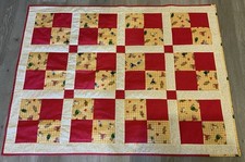 Hand Made Patchwork Crib Quilt, Four Patch Squares, Teddy Bear Prints, Dots