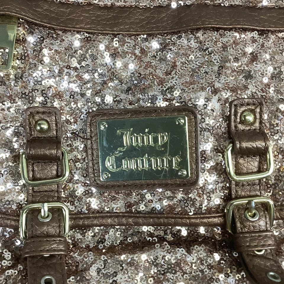 Juicy Couture Backpack Bag Womens One Size Rose Gold Sequin Metallic Logo Flap - Image 2 of 4