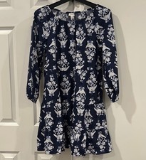 J.Crew Cotton Floral Navy Blue White Long Sleeve Scoop Dress XS