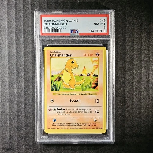 Charmander, Shadowless Base Set, 46/102, Pokémon, WOTC 1999, (PSA 8) (#C)