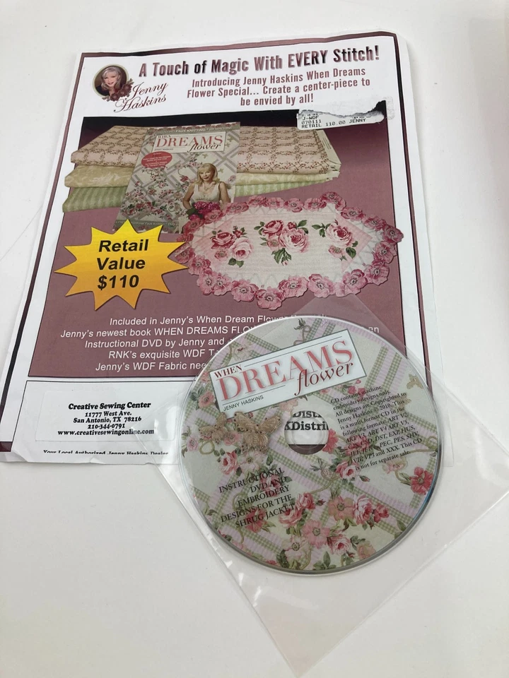 Lote de tela When Dreams Flower y CD instructivo bordado Jenny Haskin sin libro Foto 2 de 4