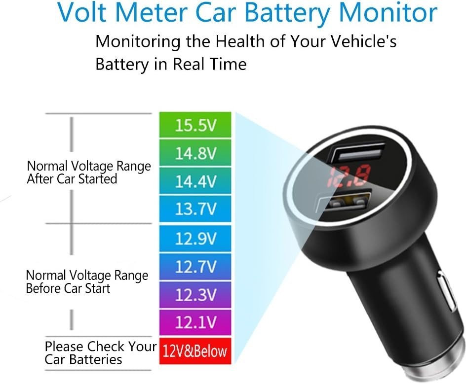 Elegant 24W Dual USB Car Charger with LCD Voltage Meter & LED Display - Black