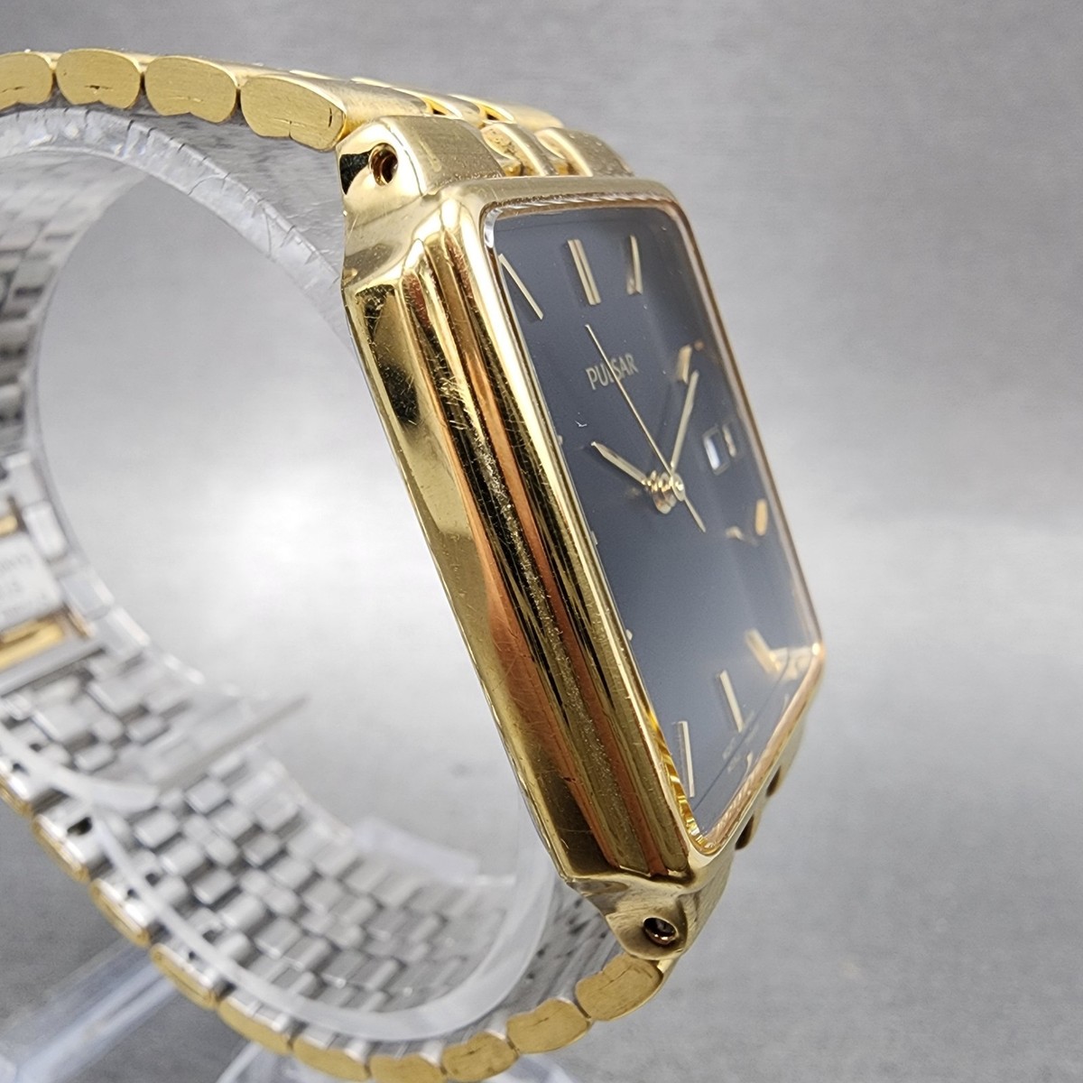 Pulsar Tank Watch Men 28mm Black Dial Gold Tone Date VX32-X154 New